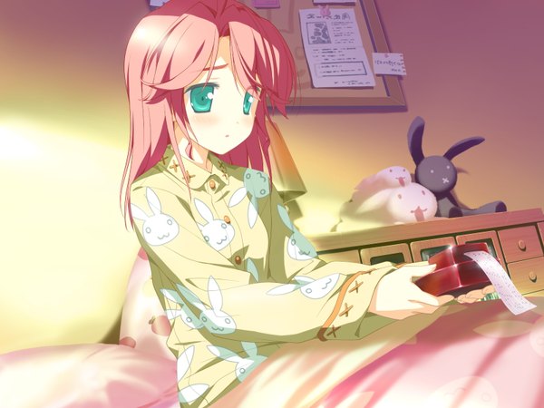 Anime picture 1600x1200 with hoshizora no memoria kogasaka chinami shida kazuhiro single blush sitting holding green eyes game cg red hair girl pillow bed toy stuffed animal pajamas blanket