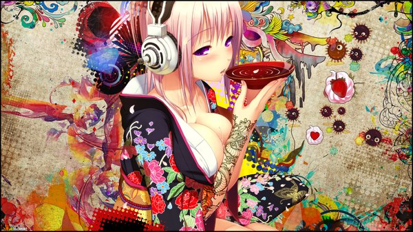 Anime picture 1920x1080 with nitroplus super sonico tsuji santa snyp (r0pyns) single blush highres short hair breasts light erotic wide image large breasts pink hair japanese clothes pink eyes tattoo girl kimono headphones