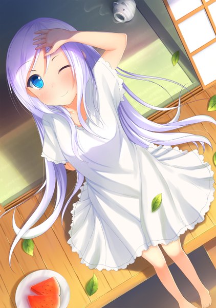 Anime picture 1000x1420 with original netarou single long hair tall image looking at viewer blush breasts blue eyes sitting purple hair one eye closed barefoot from above wink bare legs shadow legs hand on head girl