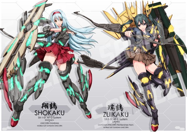 Anime picture 1182x835 with kantai collection shoukaku aircraft carrier zuikaku aircraft carrier akatsuki matsumoto long hair black hair simple background smile twintails multiple girls blue hair inscription watermark hieroglyph mechanical sample watermark girl skirt weapon 2 girls