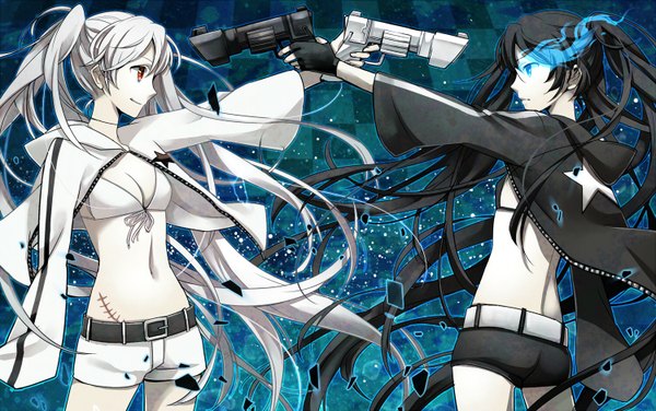 Anime picture 1500x940 with black rock shooter black rock shooter (character) insane black rock shooter yuzuki kihiro long hair blue eyes black hair red eyes wide image twintails multiple girls white hair profile midriff glowing scar glowing eye (eyes) checkered background girl gloves
