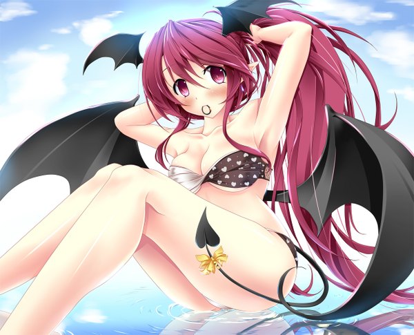 Anime picture 1260x1020 with touhou koakuma akairo no mako single long hair looking at viewer blush breasts light erotic red eyes sitting holding sky cleavage cloud (clouds) ponytail red hair tail pointy ears armpit (armpits)
