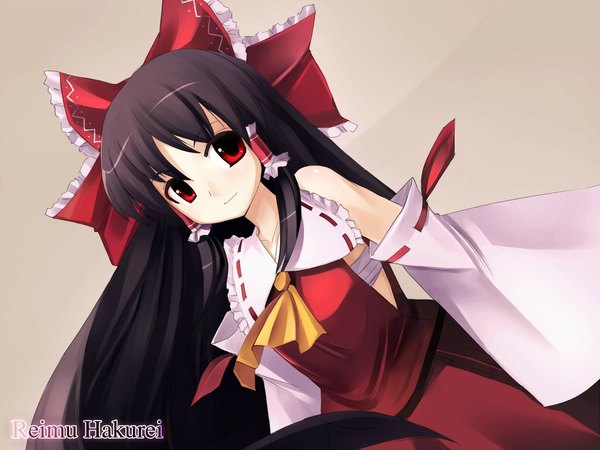 Anime picture 1024x768 with touhou hakurei reimu seo tatsuya long hair looking at viewer black hair simple background red eyes traditional clothes dutch angle wallpaper girl bow hair bow detached sleeves hair tubes