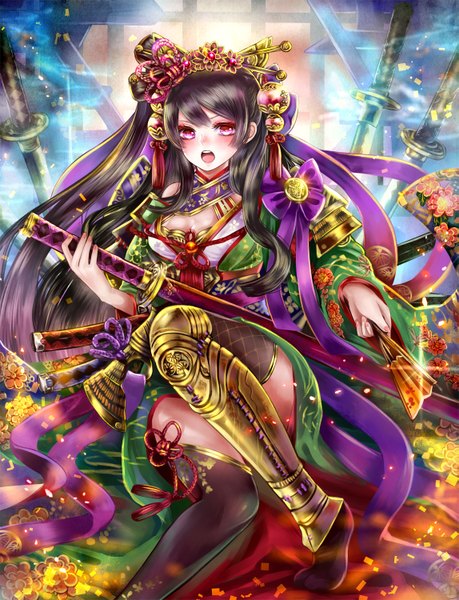 Anime picture 1147x1500 with original haruci single tall image looking at viewer blush open mouth black hair red eyes very long hair traditional clothes japanese clothes girl thighhighs hair ornament weapon black thighhighs petals sword kimono