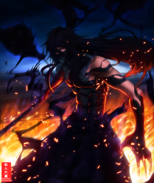 Anime picture 1200x1418 with bleach studio pierrot kurosaki ichigo rikydosanin single long hair tall image black hair red eyes sky cloud (clouds) coloring torn clothes boy weapon sword katana mask fire