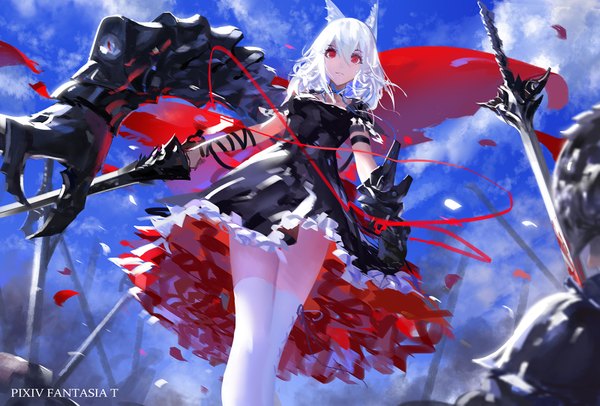 Anime picture 1600x1084 with original pixiv fantasia pixiv fantasia t kinven single long hair looking at viewer fringe red eyes animal ears sky cloud (clouds) white hair wind cat ears from below cat girl smoke girl thighhighs