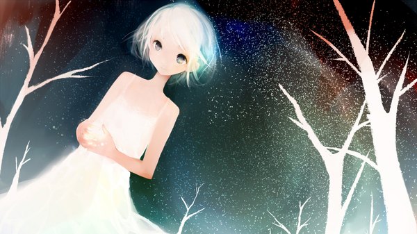 Anime picture 1920x1080 with tagme (artist) single highres short hair wide image holding sky white hair grey eyes night sky light snowing girl dress plant (plants) tree (trees) white dress star (stars) fireflies