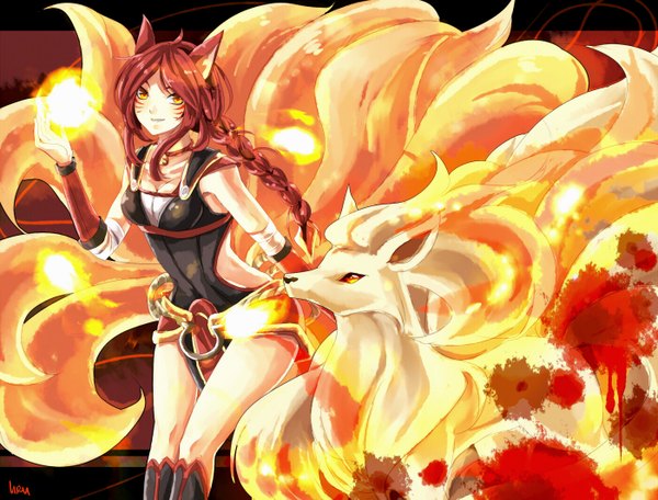 Anime picture 1400x1065 with pokemon league of legends nintendo ahri (league of legends) ninetales urusai-baka (uru-chan) single long hair looking at viewer breasts smile signed animal ears yellow eyes cleavage red hair tail braid (braids) animal tail fox ears