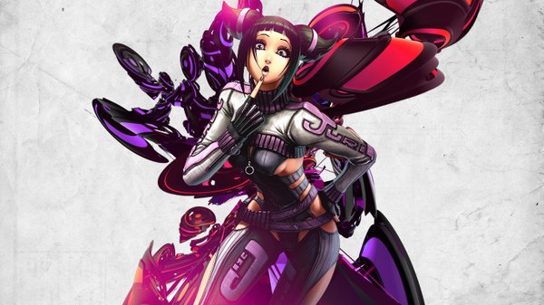 Anime picture 1366x768 with street fighter han juri omar-dogan paha13 single short hair open mouth black hair wide image twintails black eyes finger to mouth short twintails girl fingerless gloves bodysuit