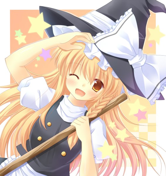 Anime picture 1200x1272 with touhou kirisame marisa aosora (artist) single long hair tall image blush open mouth blonde hair yellow eyes one eye closed wink border girl bow hair bow star (symbol) witch hat