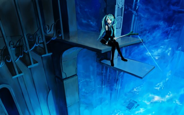 Anime picture 3200x2000 with vocaloid hatsune miku teralimit (artist) single long hair highres wide image sitting twintails bare shoulders absurdres aqua eyes aqua hair girl detached sleeves necktie thigh boots leek