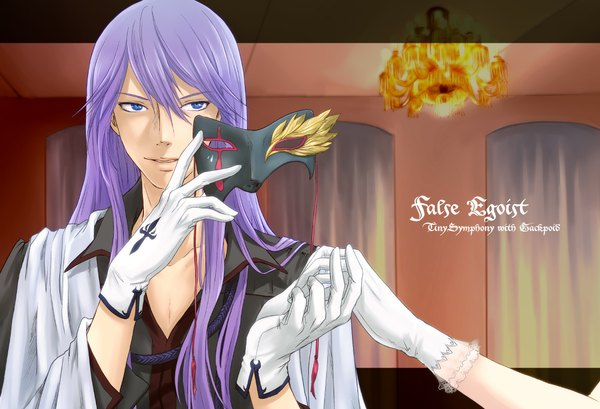 Anime picture 1171x800 with vocaloid kamui gakupo momopanda long hair blue eyes smile purple hair inscription holding hands open collar boy gloves mask