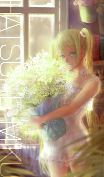 Anime picture 1033x1750 with vocaloid hatsune miku jyuui single long hair tall image blush fringe smile standing holding green eyes aqua hair alternate costume character names girl flower (flowers) transparent clothing bouquet