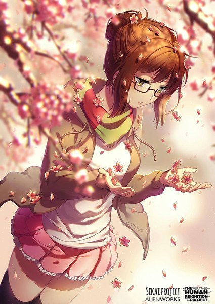 Anime picture 700x989 with human reignition project yukino (human reignition project) rosuuri single tall image fringe breasts brown hair green eyes outdoors pleated skirt from above lips open clothes open jacket shadow hair bun (hair buns) zettai ryouiki cherry blossoms girl