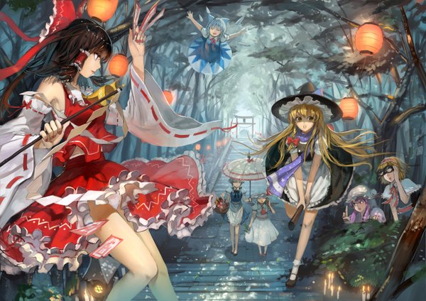 Anime picture 1500x1061 with touhou hakurei reimu remilia scarlet kirisame marisa izayoi sakuya patchouli knowledge alice margatroid cirno november (jeanex) long hair short hair open mouth light erotic blonde hair brown hair bare shoulders multiple girls yellow eyes blue hair looking away