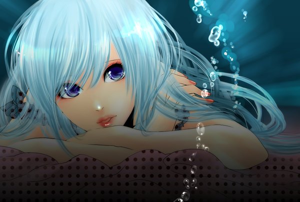 Anime picture 2039x1378 with vocaloid hatsune miku single long hair highres blue eyes nail polish aqua hair girl bubble (bubbles)