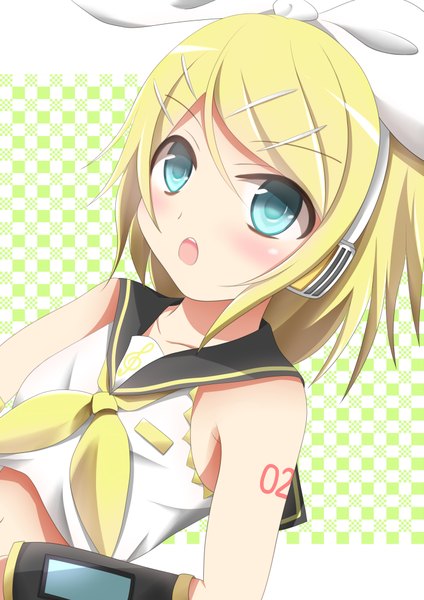 Anime picture 2893x4092 with vocaloid kagamine rin kuroganeruto single tall image blush highres short hair open mouth blue eyes blonde hair bare shoulders girl hair ornament detached sleeves hairclip headphones