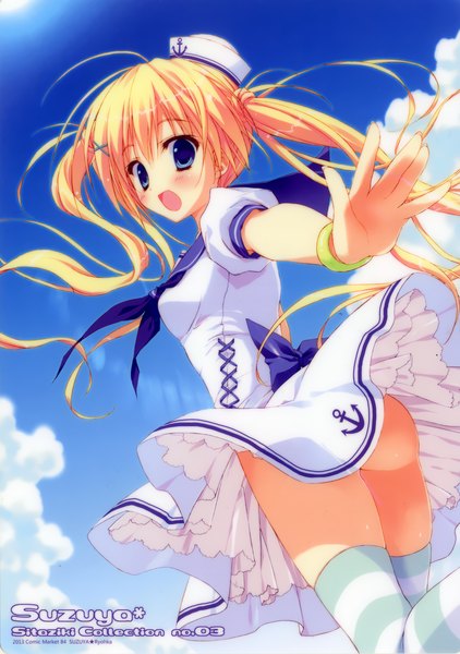 Anime picture 1701x2416 with ryohka single long hair tall image looking at viewer blush fringe highres breasts open mouth blue eyes light erotic blonde hair standing twintails sky cloud (clouds) ass inscription happy