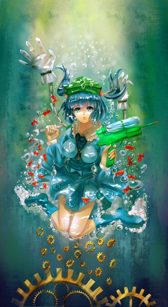 Anime picture 992x1815 with touhou kawashiro nitori single tall image short hair blue eyes twintails blue hair short twintails underwater mechanical parts girl dress boots bubble (bubbles) flat cap gears water gun