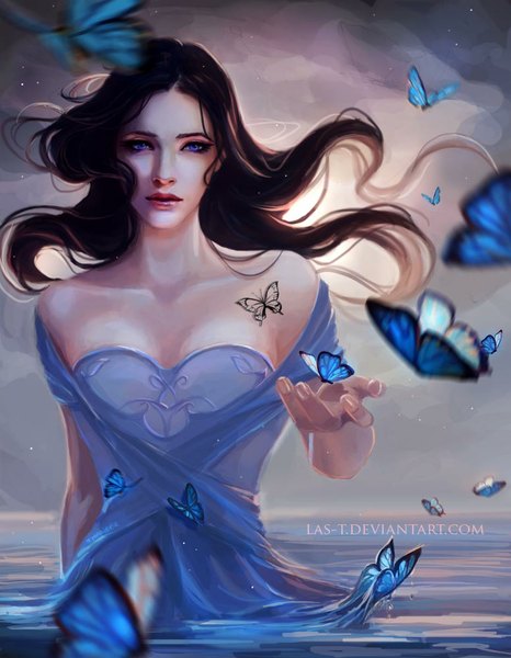 Anime picture 777x1000 with las-t (artist) long hair tall image looking at viewer brown hair standing purple eyes bare shoulders sunlight tattoo outstretched arm flying girl dress water insect butterfly sun blue dress