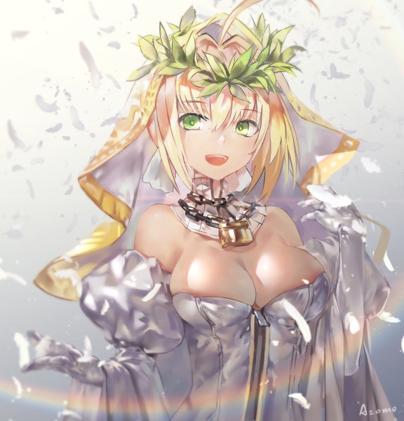 Anime picture 2000x2084 with fate (series) fate/extra fate/extra ccc nero claudius (fate) (all) nero claudius (bride) (fate) azomo single tall image fringe highres short hair breasts open mouth light erotic blonde hair hair between eyes large breasts green eyes signed cleavage
