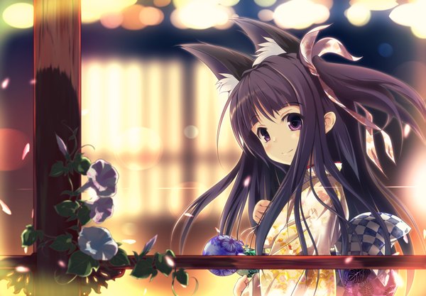 Anime picture 1089x758 with original waisshu (sougyokyuu) single long hair black hair purple eyes animal ears traditional clothes japanese clothes light smile fox ears girl flower (flowers) ribbon (ribbons) hair ribbon petals kimono morning glory water yoyo