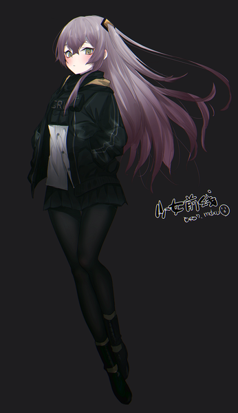 Anime picture 711x1231 with girls frontline ump45 (girls frontline) mimelond single long hair tall image looking at viewer blush fringe simple background green eyes signed full body long sleeves pleated skirt grey hair open jacket one side up floating hair dated