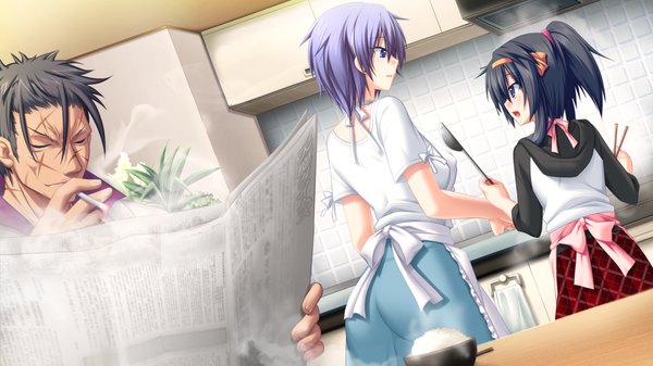 Anime picture 1024x576 with soukoku no arterial blush short hair blue eyes black hair wide image multiple girls game cg purple hair smoking cooking girl boy 2 girls apron