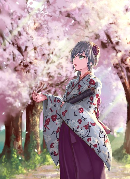 Anime picture 872x1200 with idolmaster idolmaster cinderella girls anastasia (idolmaster) munakata single tall image short hair green eyes looking away traditional clothes japanese clothes hair flower grey hair sunlight cherry blossoms floral print sunbeam graduation girl hair ornament