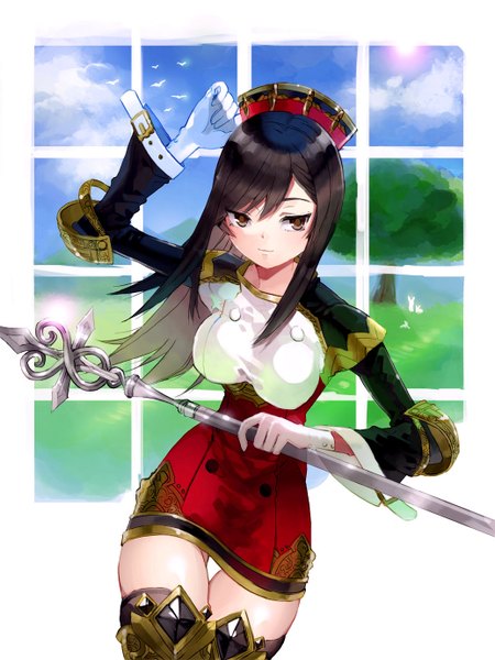Anime picture 1036x1380 with original kimijima0301 single long hair tall image fringe breasts black hair smile large breasts standing brown eyes sunlight mountain flying sunbeam girl gloves weapon plant (plants)