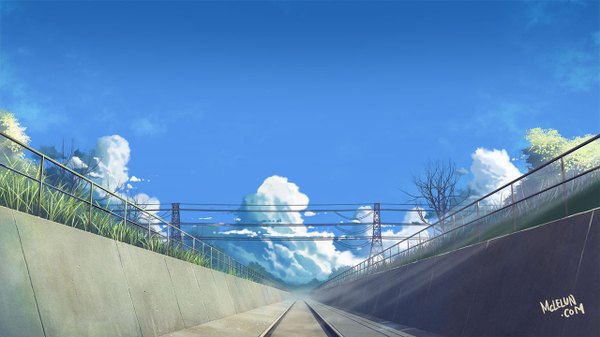 Anime picture 1280x720 with original mclelun wide image signed sky cloud (clouds) no people landscape plant (plants) grass power lines