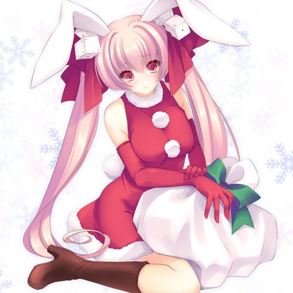 Anime picture 1200x1200 with di gi charat madhouse usada hikaru rabi en rose ayase hazuki single looking at viewer blush simple background red eyes white background sitting twintails bare shoulders animal ears pink hair very long hair from above bunny ears christmas