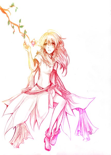 Anime picture 2306x3217 with original glaciesciover single long hair tall image blush highres open mouth simple background blonde hair white background purple eyes pointy ears monochrome girl flower (flowers)