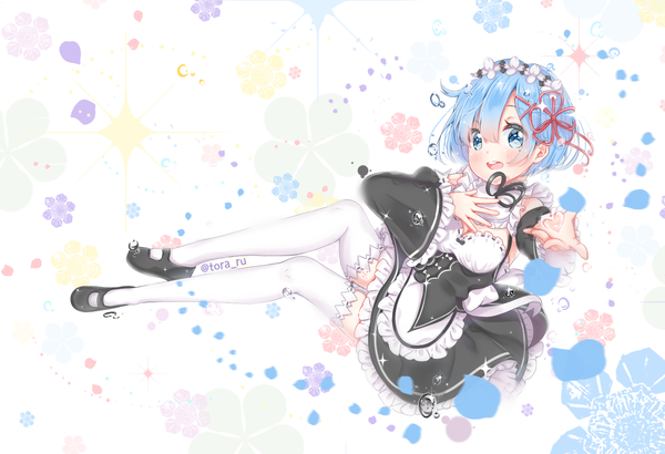 Anime picture 1461x1000 with re:zero kara hajimeru isekai seikatsu white fox rem (re:zero) tora ru single looking at viewer blush fringe short hair breasts open mouth blue eyes hair between eyes signed blue hair full body maid twitter username hand on chest outstretched hand