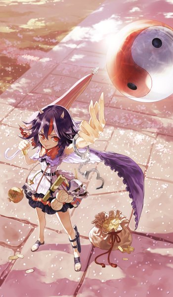 Anime picture 760x1300 with touhou kaku seiga yamamomo (plank) single tall image blush short hair black hair red eyes standing red hair multicolored hair horn (horns) from above two-tone hair streaked hair looking up :p closed umbrella yin yang