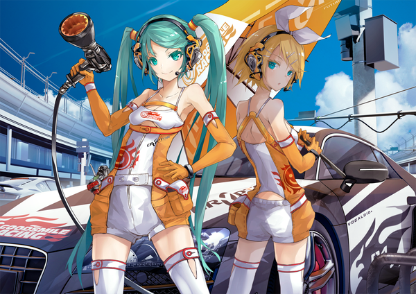 Anime picture 1200x848 with vocaloid goodsmile racing goodsmile company hatsune miku kagamine rin racing miku racing miku (2010) ajigo long hair looking at viewer fringe short hair breasts blonde hair smile standing twintails bare shoulders multiple girls holding