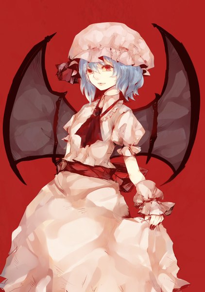 Anime picture 2078x2952 with touhou remilia scarlet tall image highres short hair simple background red eyes blue hair nail polish red background girl dress wings