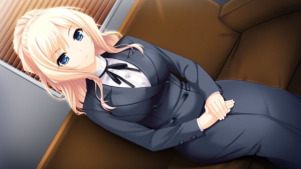 Anime picture 1280x720 with saimin yuugi mukawa rui sayori single long hair blue eyes blonde hair wide image sitting game cg girl couch