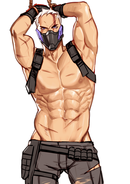 Anime picture 1200x1700 with overwatch blizzard entertainment soldier: 76 (overwatch) won jade single tall image looking at viewer short hair light erotic simple background white background purple eyes white hair torn clothes groin topless muscle boy blood mask