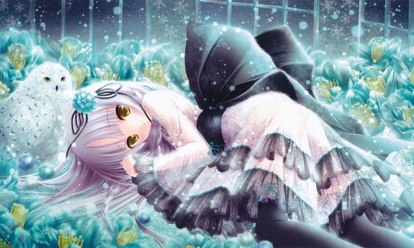 Anime picture 9863x5920 with original tinker bell long hair highres wide image yellow eyes absurdres silver hair lying loli girl thighhighs dress flower (flowers) bow black thighhighs animal bird (birds) owl