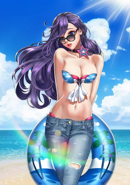 Anime picture 994x1410 with original qi kou single long hair tall image breasts light erotic purple eyes sky purple hair cloud (clouds) parted lips sunlight midriff lipstick beach hands behind back horizon pink lipstick girl