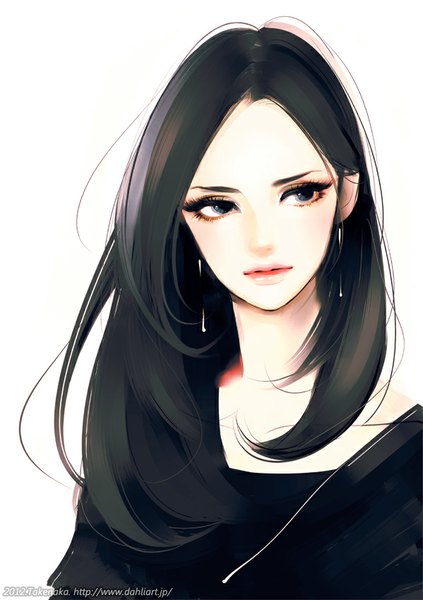 Anime picture 599x849 with original takenaka single long hair tall image black hair simple background white background signed looking away lips black eyes girl earrings