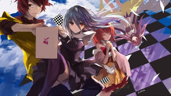 Anime picture 1209x679 with no game no life madhouse shiro (no game no life) jibril (no game no life) stephanie dora sora (no game no life) swd3e2 looking at viewer hair between eyes red eyes brown hair wide image multiple girls brown eyes signed blue hair pink hair red hair eyes closed pink eyes