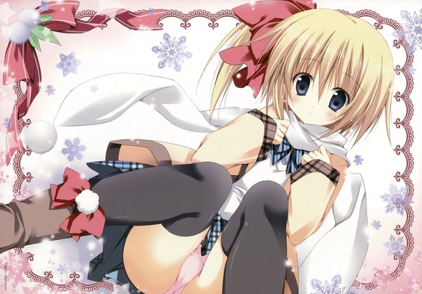 Anime picture 3800x2651 with melonbooks korie riko single looking at viewer highres short hair blue eyes light erotic blonde hair absurdres scan official art on back dutch angle one side up reclining girl thighhighs skirt underwear