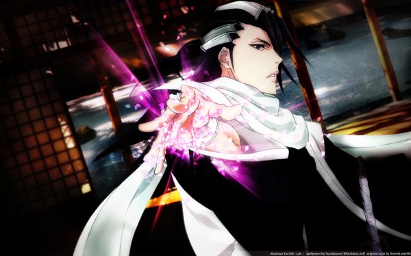 Anime picture 1920x1200 with bleach studio pierrot kuchiki byakuya long hair highres open mouth black hair wide image brown eyes traditional clothes japanese clothes angry shinigami boy hair ornament flower (flowers) weapon petals sword kimono