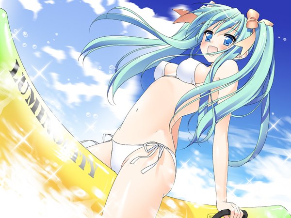 Anime picture 1600x1200 with original kani biimu long hair highres blue eyes light erotic twintails sky cloud (clouds) aqua hair erect nipples covered nipples ribbon (ribbons) swimsuit hair ribbon bikini side-tie bikini white bikini inflatable toy banana boat