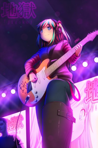 Anime picture 845x1280 with original dfer long hair tall image blush blue eyes smile multicolored hair inscription two-tone hair from below loli streaked hair girl boy headphones thigh boots guitar searchlight
