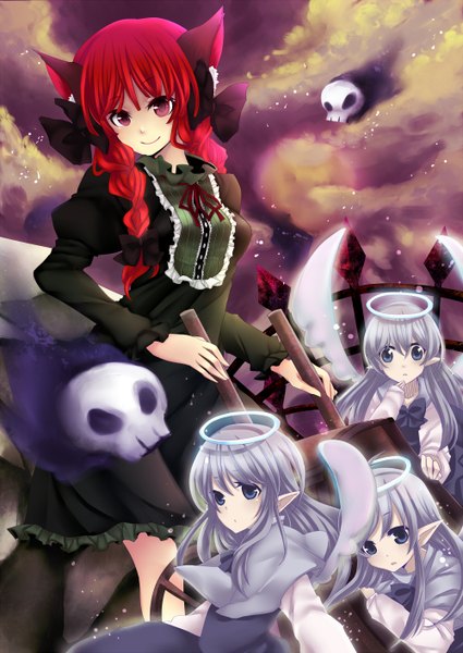 Anime picture 1000x1412 with touhou kaenbyou rin zombie fairy rimu (kingyo origin) long hair tall image blue eyes red eyes multiple girls animal ears silver hair red hair braid (braids) pointy ears cat ears twin braids ghost girl dress bow
