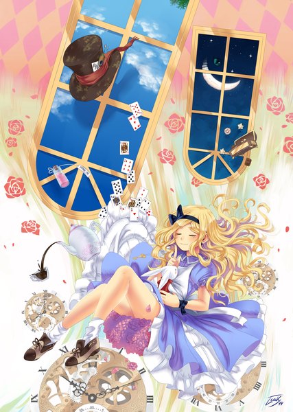 Anime picture 1280x1800 with alice in wonderland alice (wonderland) isaky (isakysaku) single long hair tall image blonde hair smile sky cloud (clouds) eyes closed night night sky crescent hat removed girl dress bow hair bow hat