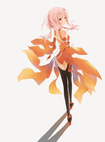 Anime picture 1000x1345 with guilty crown production i.g yuzuriha inori hitsuji shoyo single long hair tall image blush simple background red eyes white background bare shoulders pink hair looking back shadow girl thighhighs black thighhighs detached sleeves bodysuit
